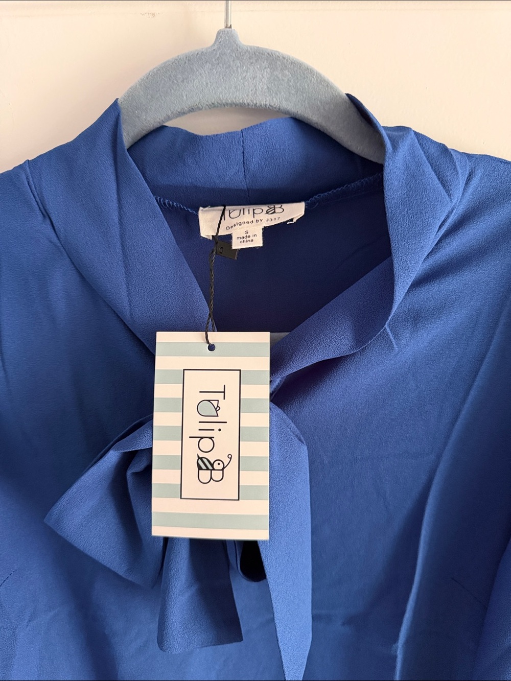 Women's Blue Tie-Neck Blouse - Picture 4 of 7
